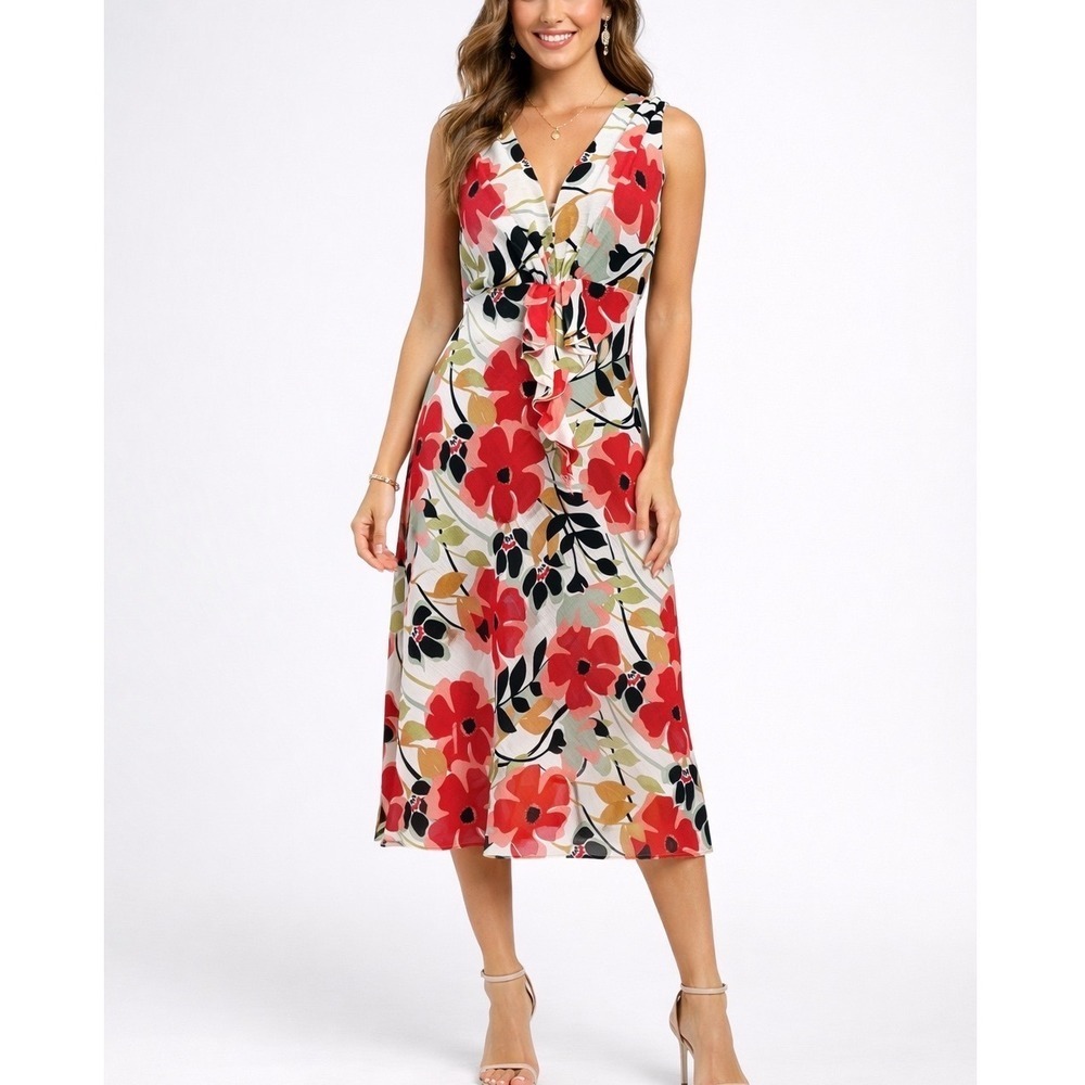 JBS LTD Womens Floral Midi Dress‎ V Neck Sleeveless Ruffle Cottagecore Size 14
